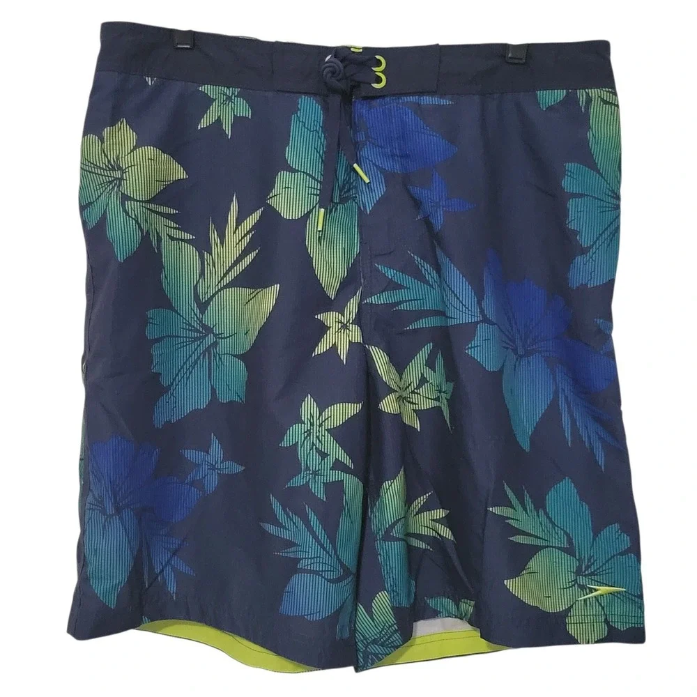Speedo Mens Board Shorts New Navy Tropical Floral UPF 50 Swim Trunks Large